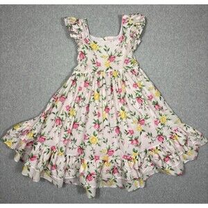 Janie and Jack Girls Age 9-10 Lemon Floral Ruffle Dress  Cotton Sundress Sz 10